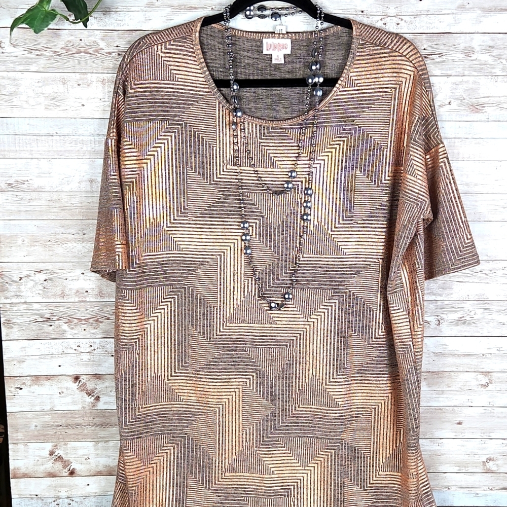 LuLuRoe,0308, Bronze and gray metallic, hi-lo top, round neck, long tunic, Sz S.